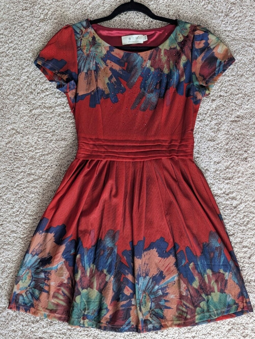 ChunBeiSha Burgundy Floral A-Line Mini Dress, Small